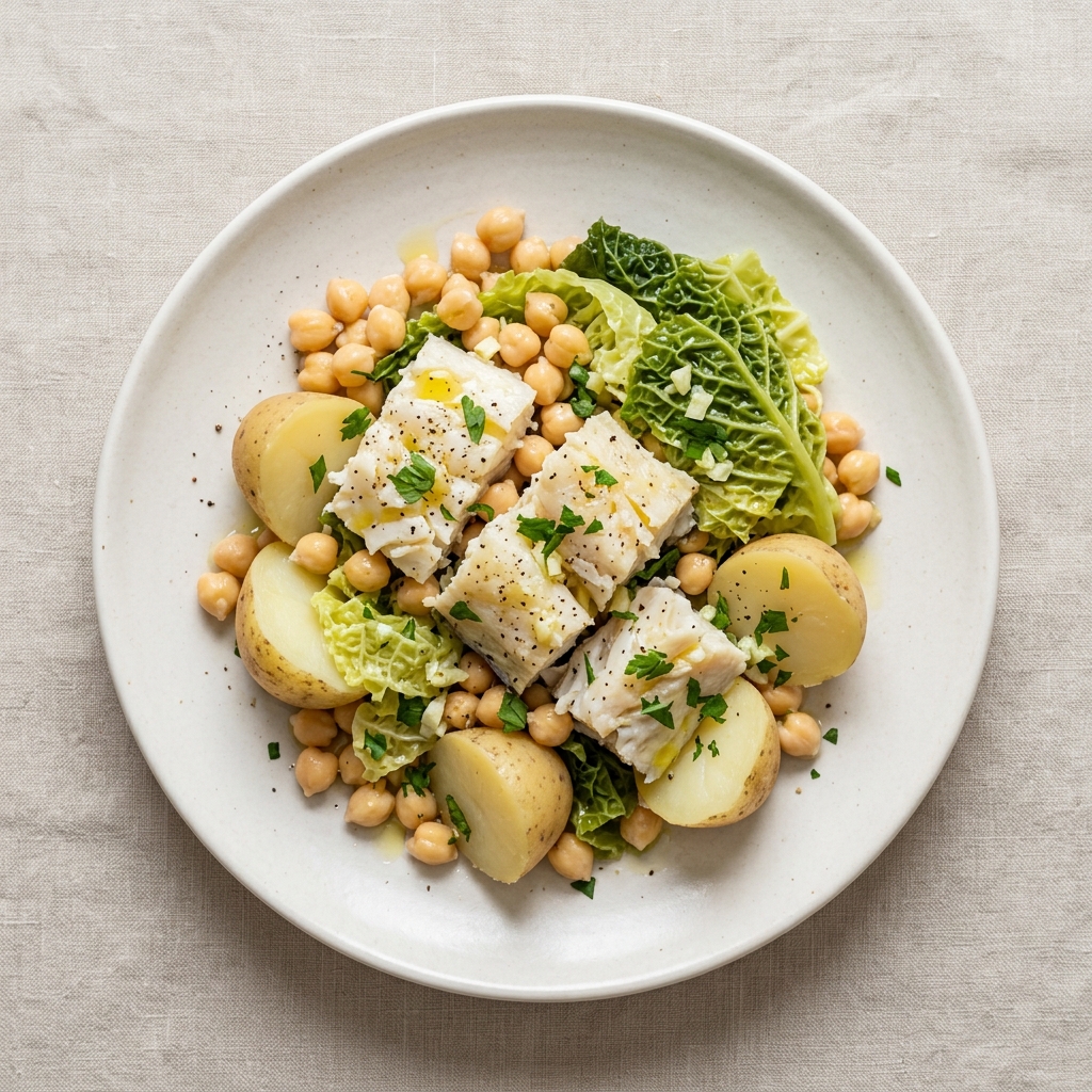 Bacalhau cozido com grão